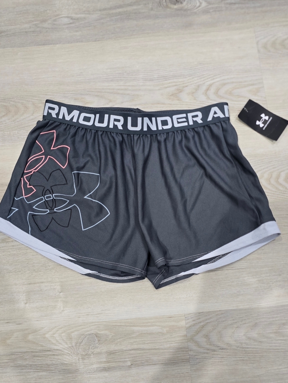 Under Armour Grey Athletic Shorts with White & Pink Accents Size L NWT